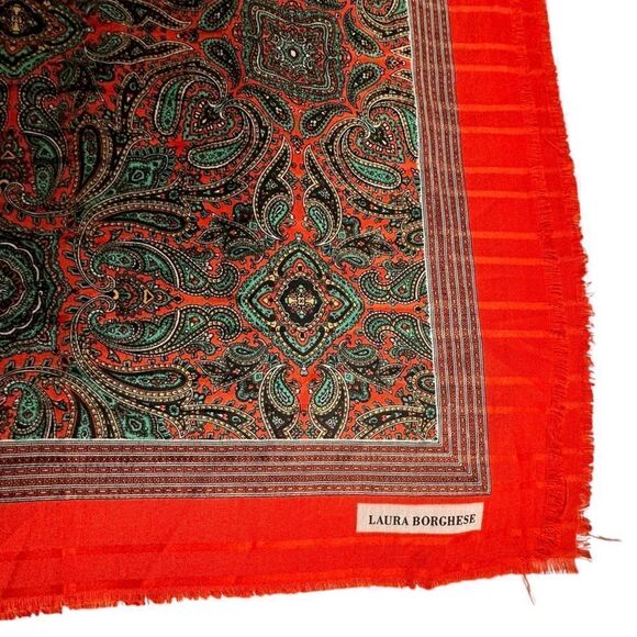 Vintage Laura Borghese, Italy Green and Red Paisley oversized Wrap Scarf Square - Picture 4 of 7